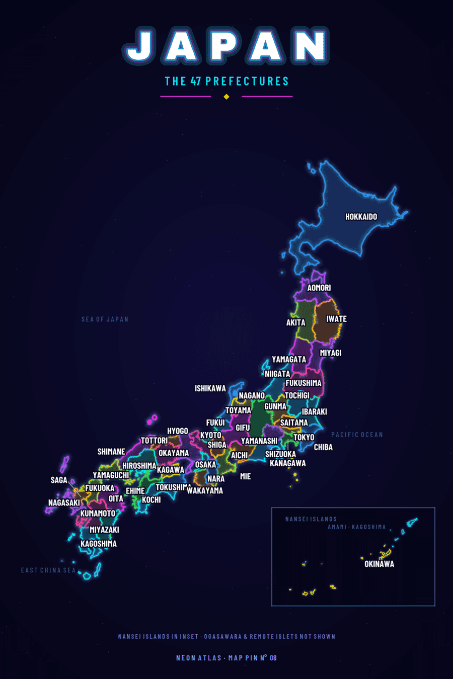 Neon map of Japan showing its prefectures, with a glowing location pin