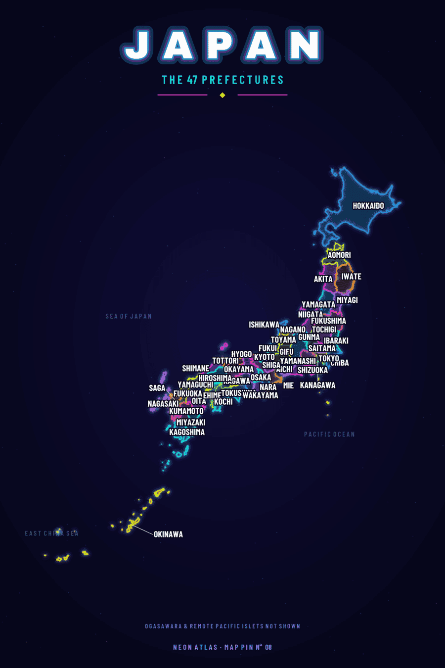 Neon map of Japan showing its prefectures, with a glowing location pin