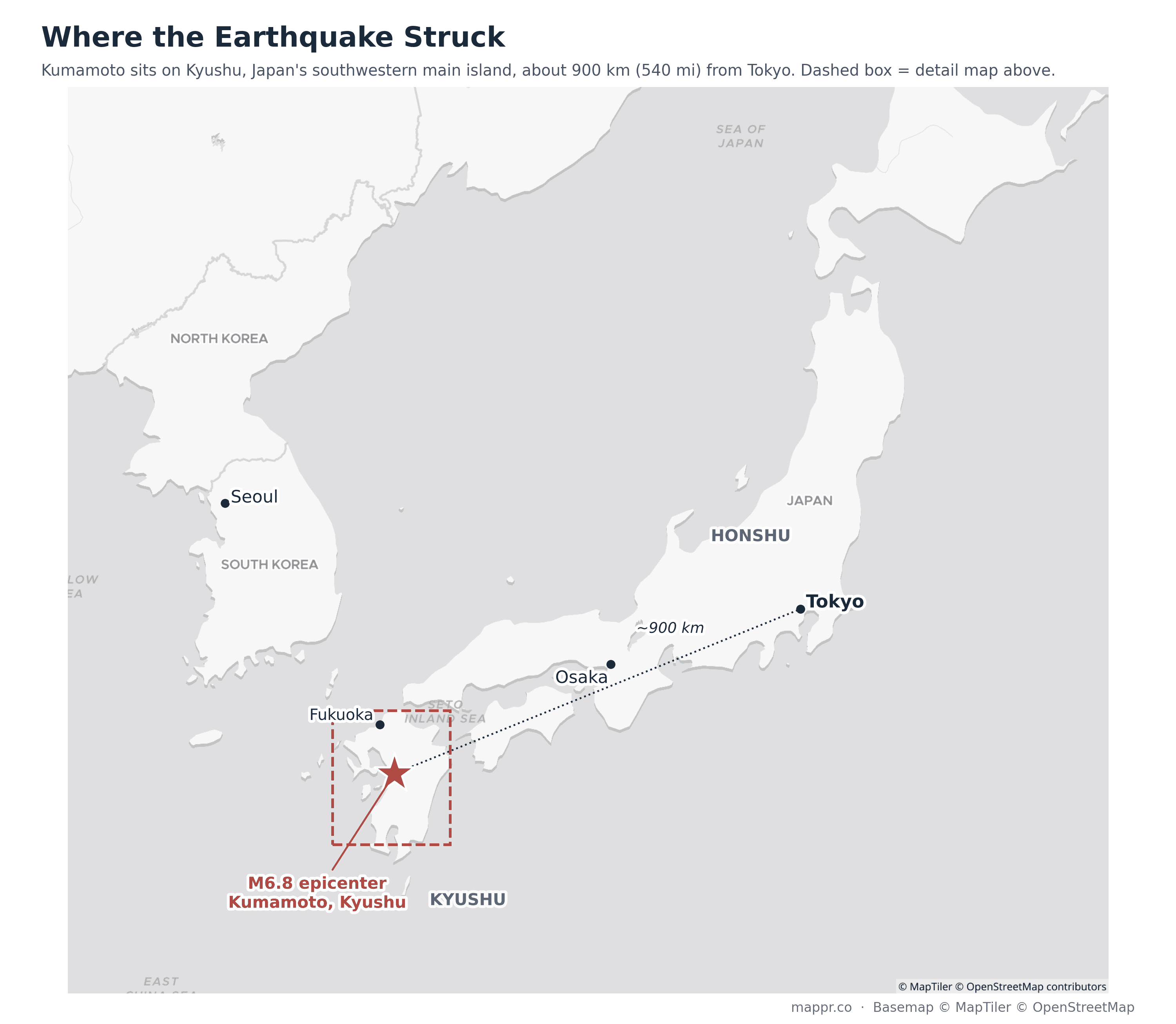Overview map of Japan and the Korean Peninsula showing where the July 2026 Kumamoto earthquake struck on Kyushu, about 900 km southwest of Tokyo