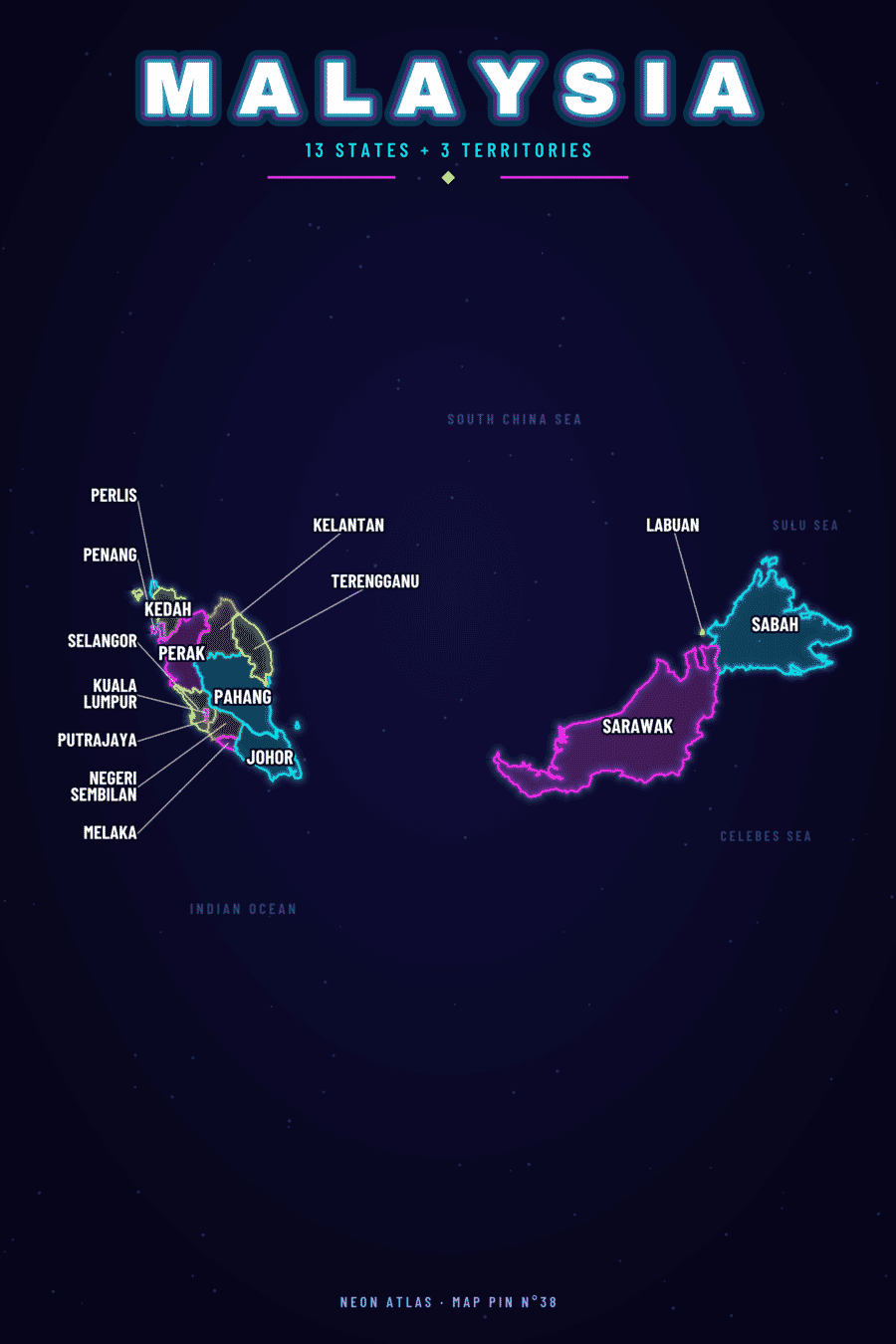 Neon map of Malaysia with a glowing location pin