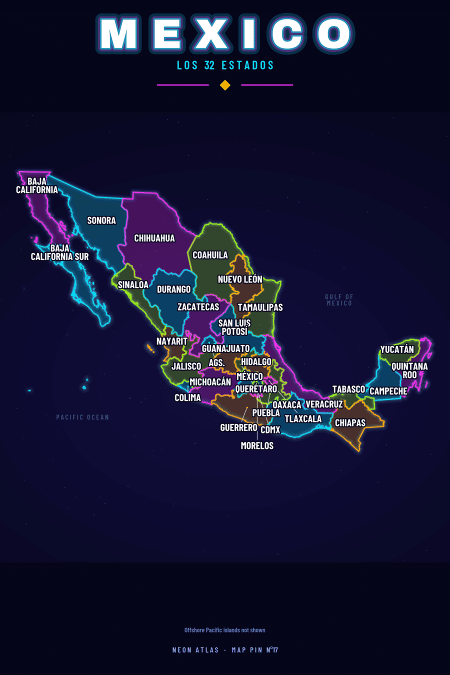 Neon map of Mexico showing its regions, with a glowing location pin