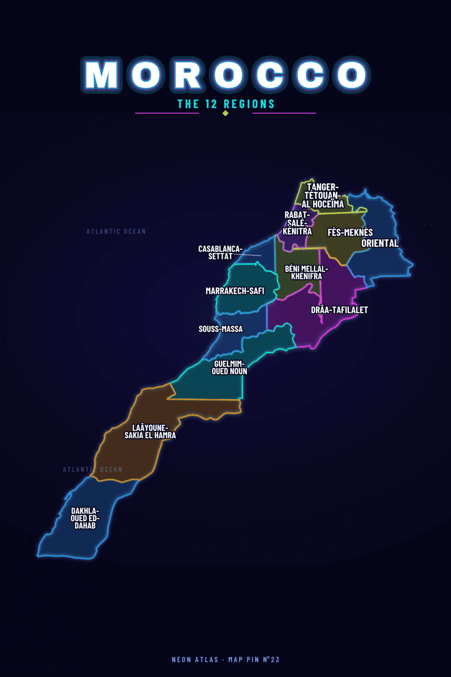 Neon map of Morocco Maps showing its regions, with a glowing location pin