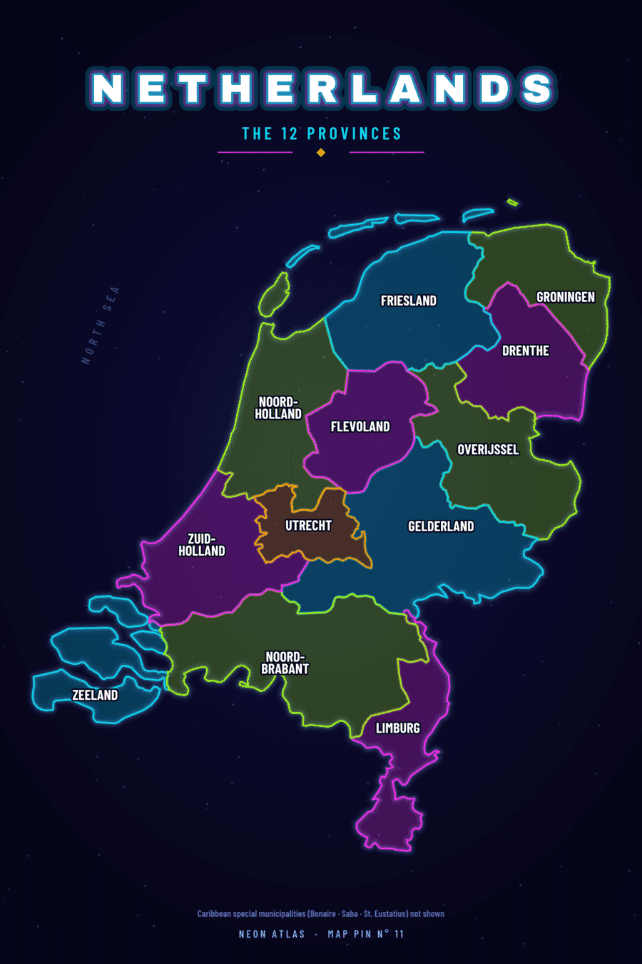 Neon map of Netherlands showing its provinces, with a glowing location pin