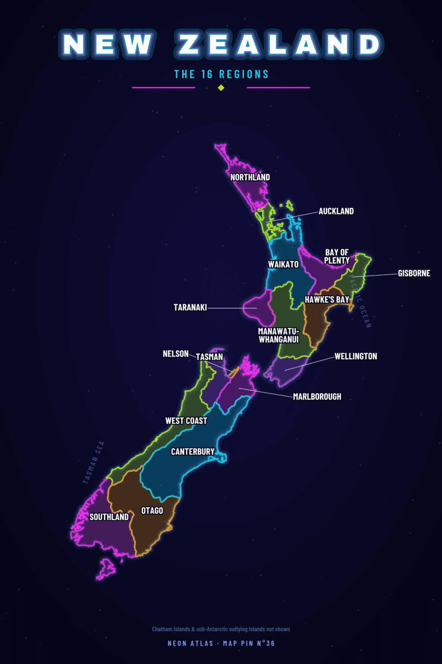 Neon map of New Zealand with a glowing location pin