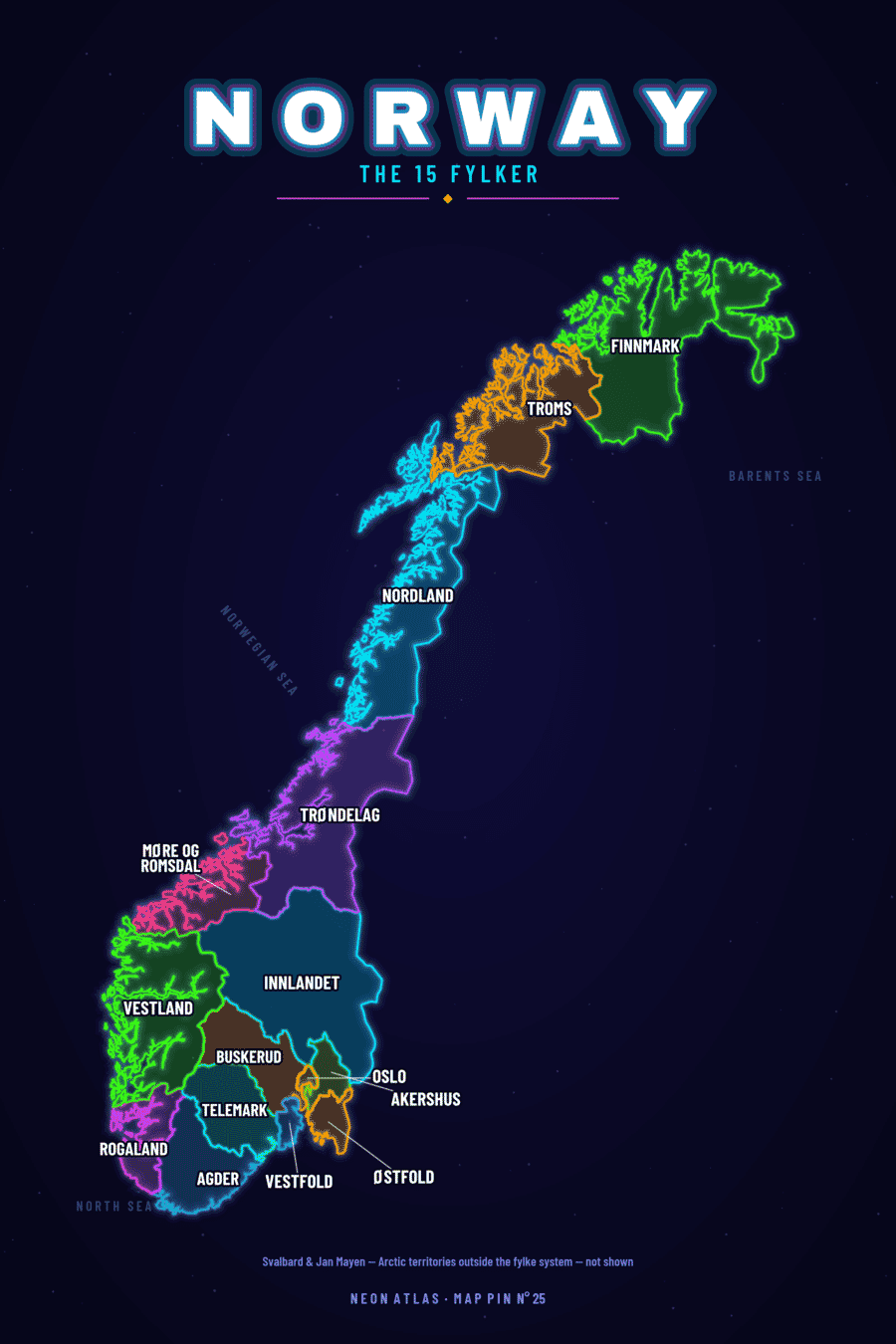 Neon map of Norway showing its fylker, with a glowing location pin