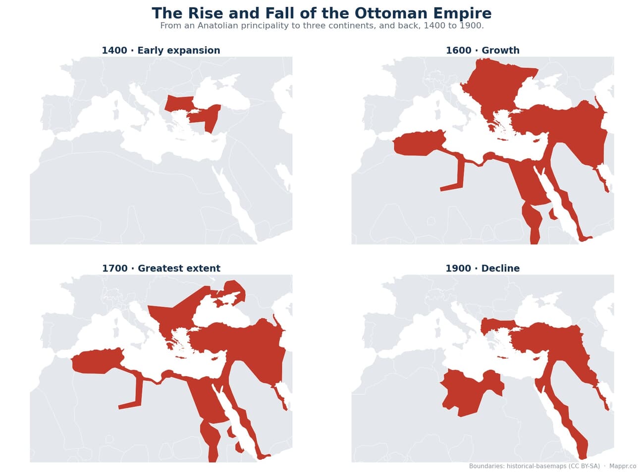 Four maps showing the Ottoman Empire in 1400, 1600, 1700 and 1900