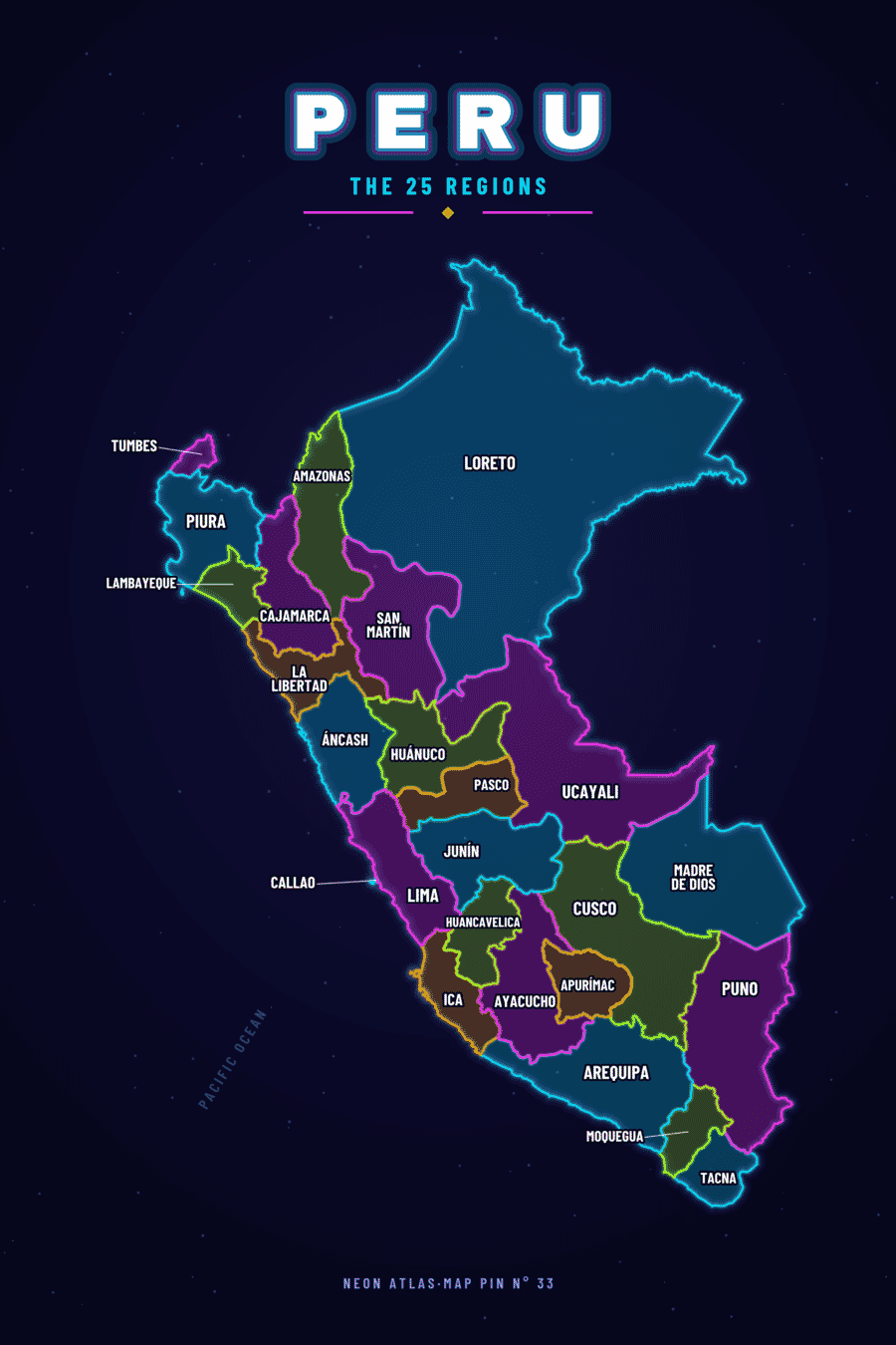 Neon map of Peru showing its regions, with a glowing location pin