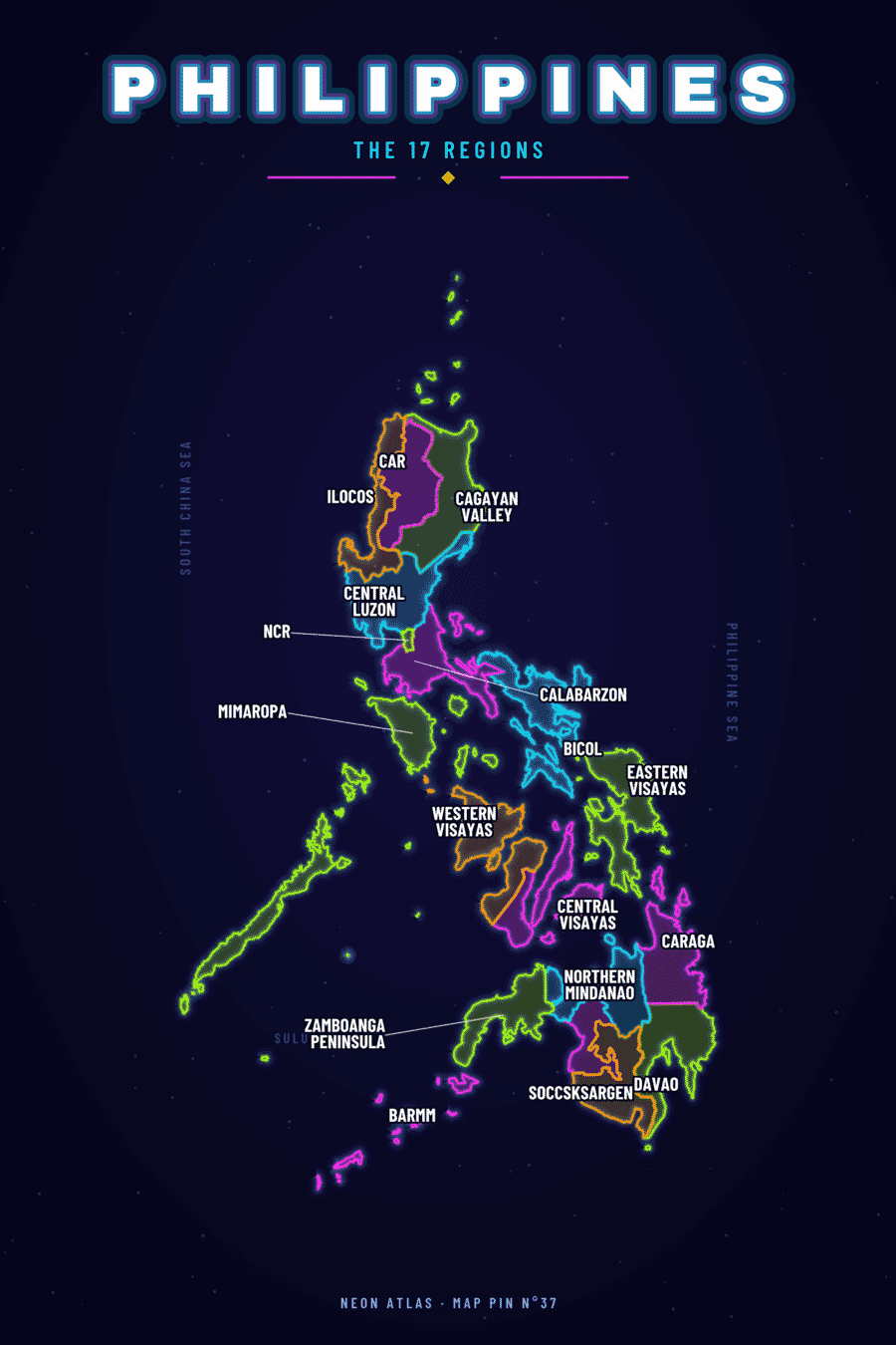 Neon map of Philippines with a glowing location pin