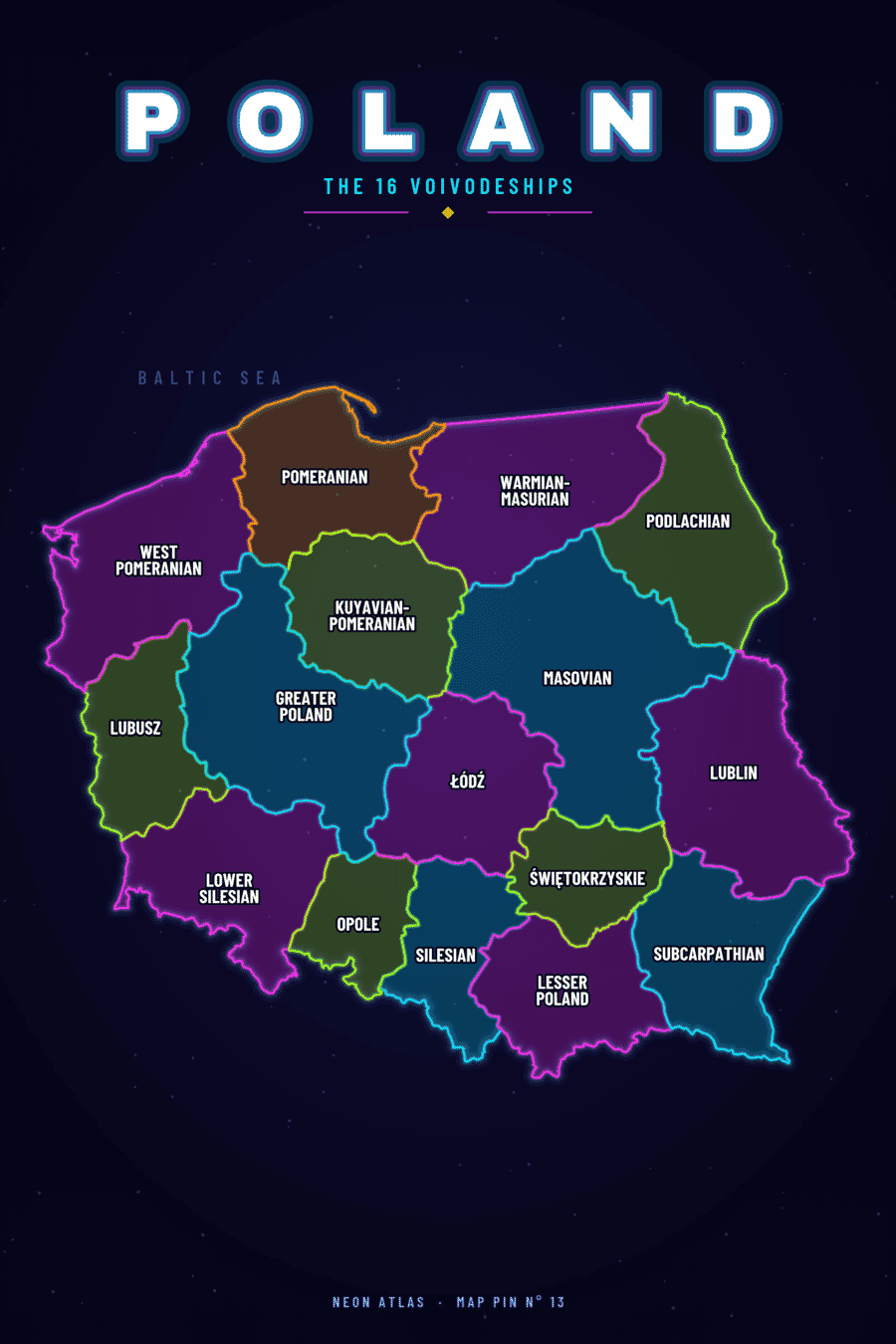 Neon map of Poland showing its voivodeships, with a glowing location pin