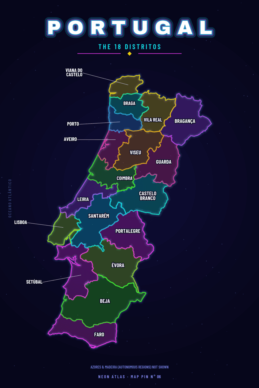 Neon map of Portugal showing its districts, with a glowing location pin