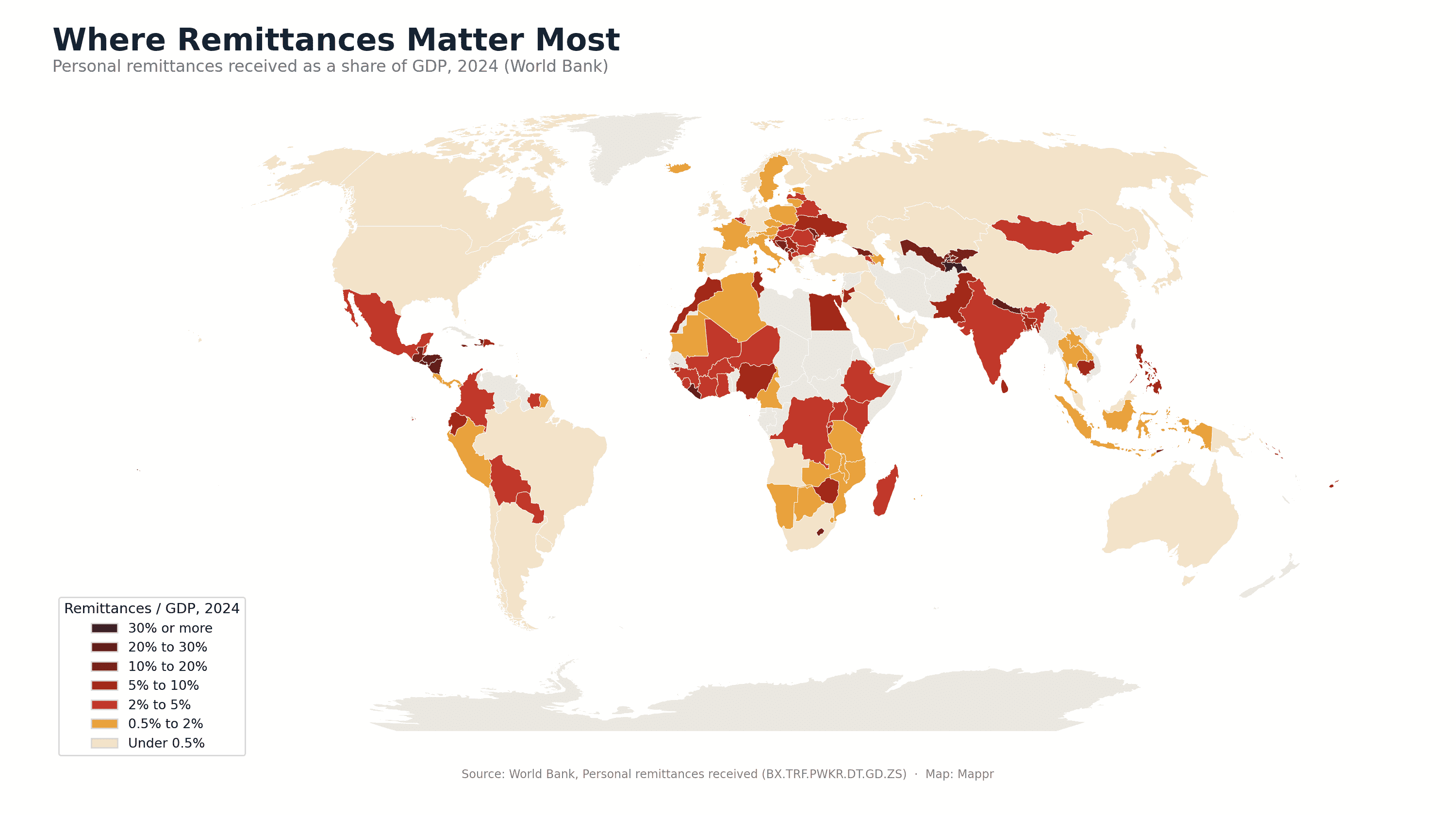 World map showing personal remittances received as a share of GDP in 2024, with the highest bands in Central Asia, Central America, the South Pacific and parts of West and Southern Africa