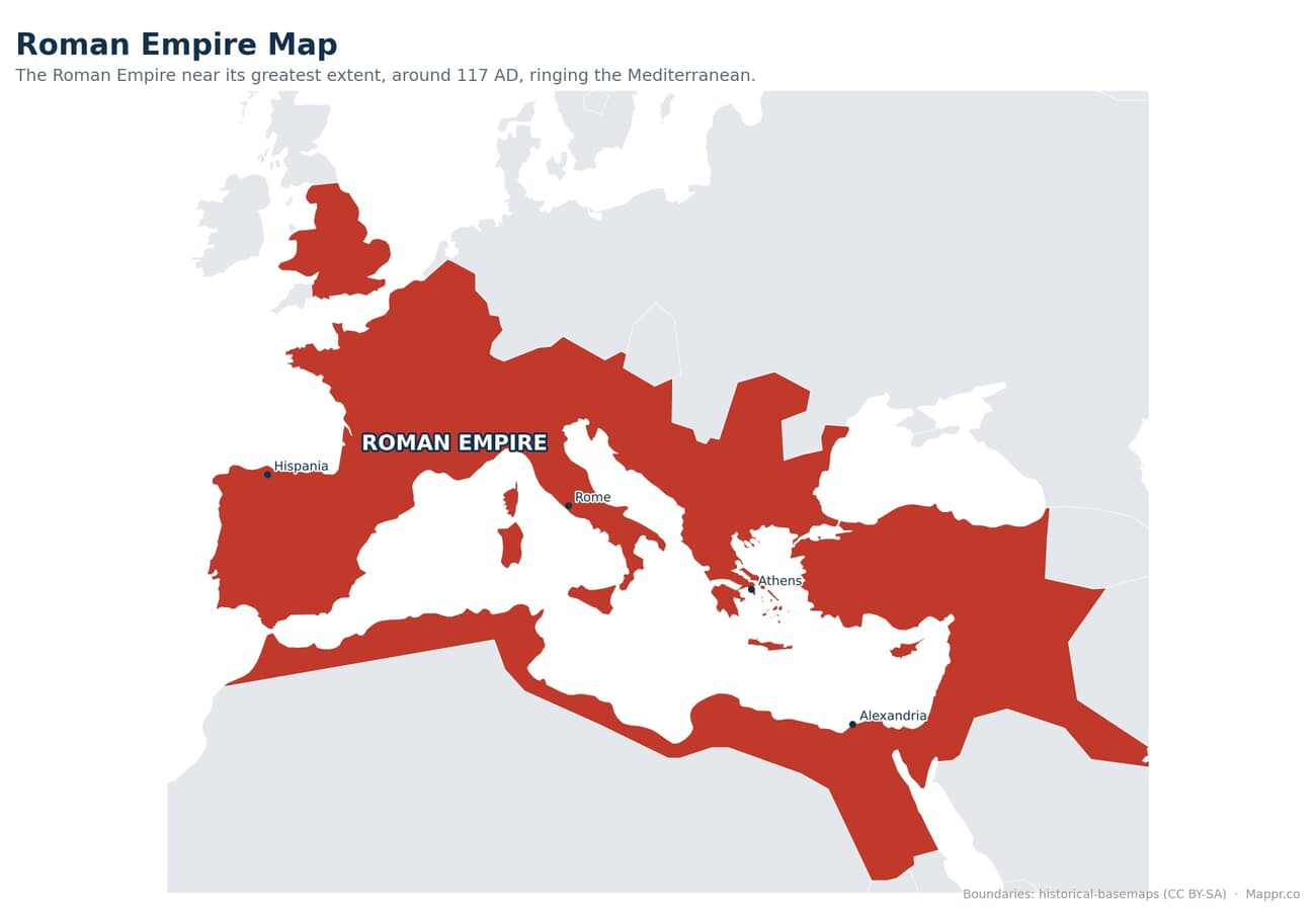 Map of the Roman Empire at its greatest extent in 117 AD, showing provinces, major cities and the Mediterranean coastline from Britannia to Mesopotamia