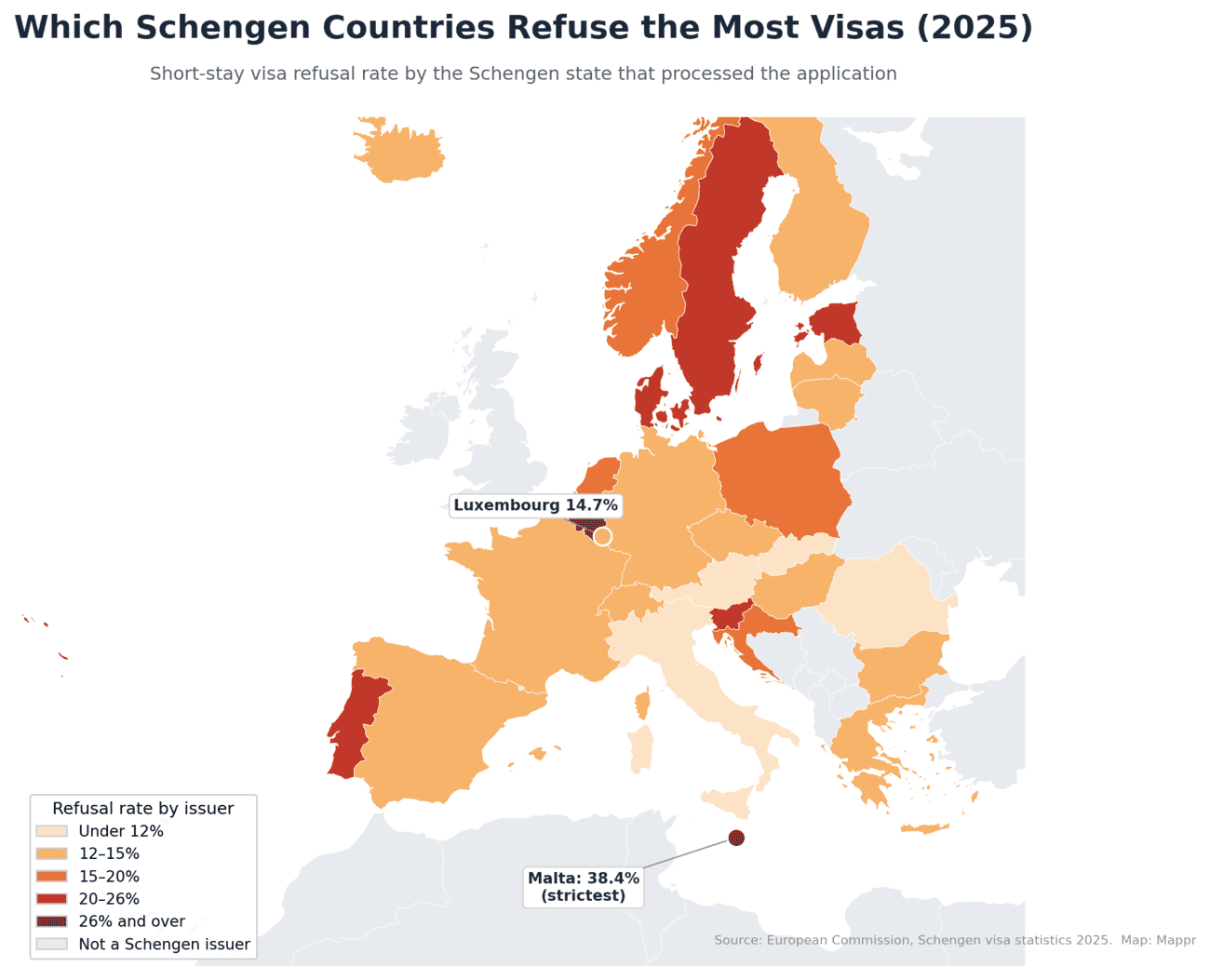 Map of Schengen visa refusal rates by issuing country in 2025