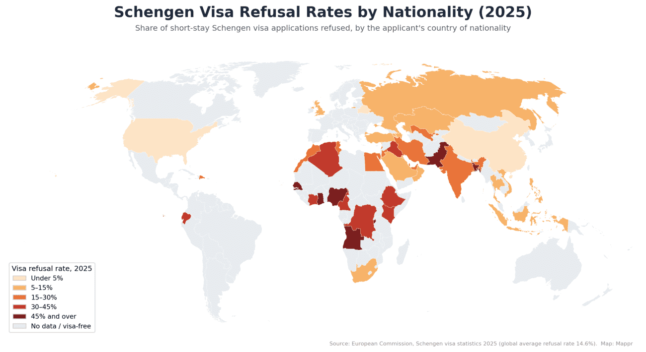 World map of Schengen visa refusal rates by applicant nationality in 2025