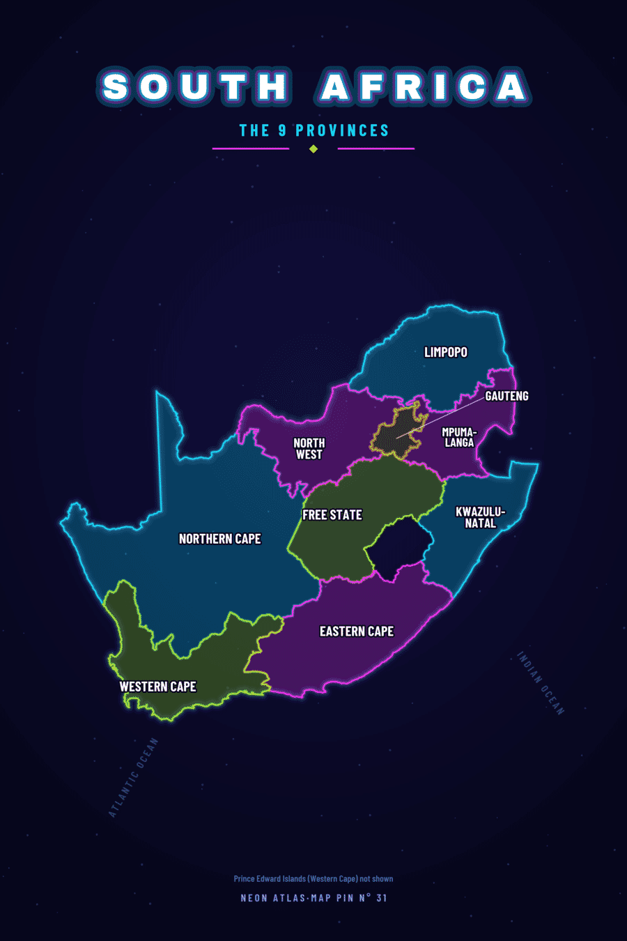 Neon map of South Africa Maps showing its regions, with a glowing location pin