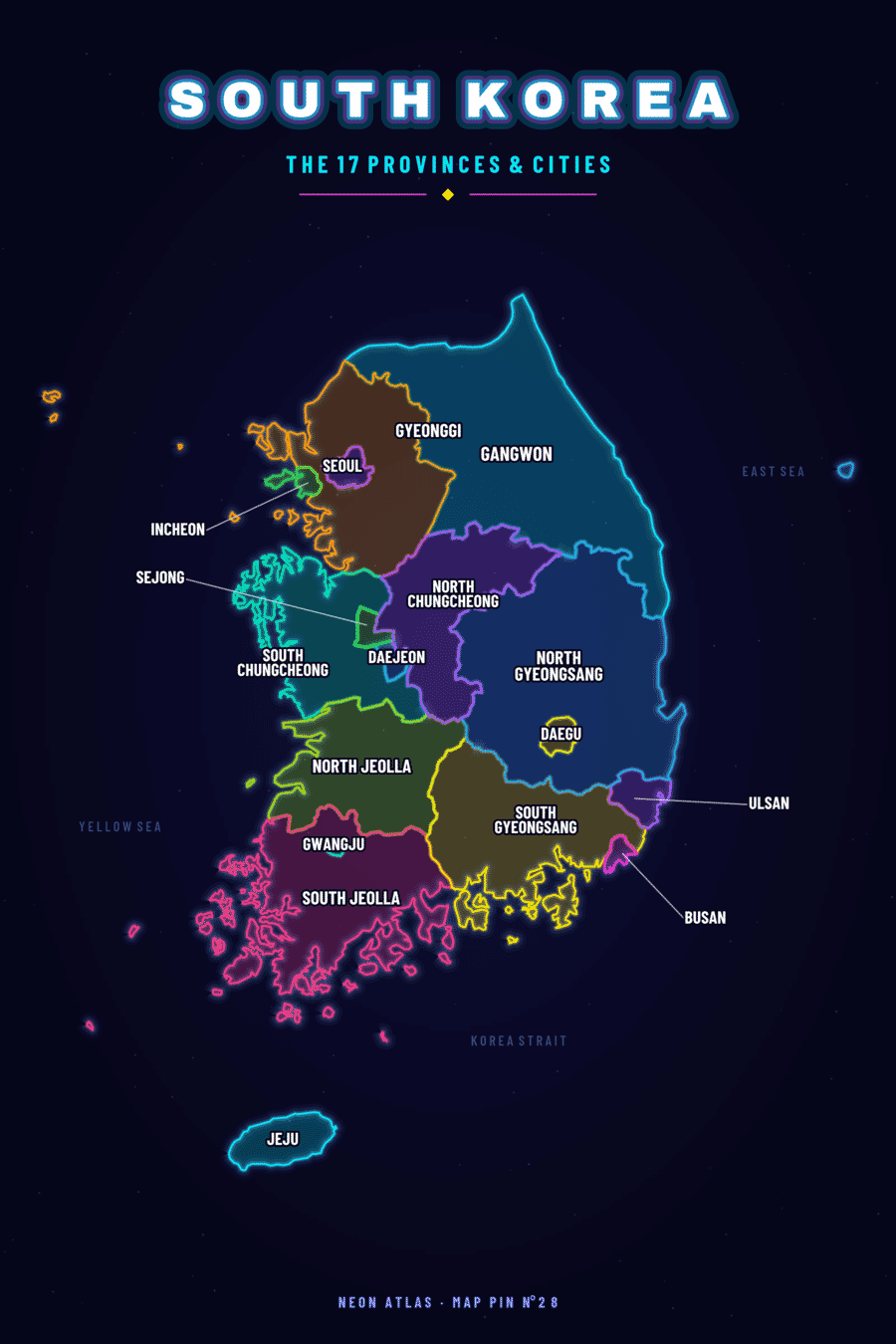 Neon map of South Korea showing its provinces, with a glowing location pin