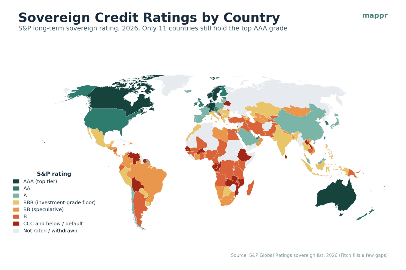 World map shading every country by its S&P sovereign credit rating in 2026, from AAA in dark green to CCC and default in dark red