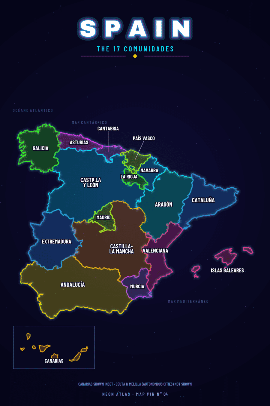 Neon map of Spain showing its autonomous communities, with a glowing location pin