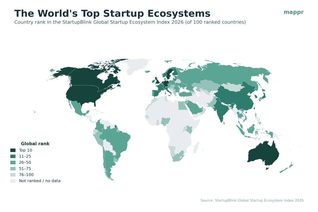 World map shading countries by their rank in the StartupBlink Global Startup Ecosystem Index 2026
