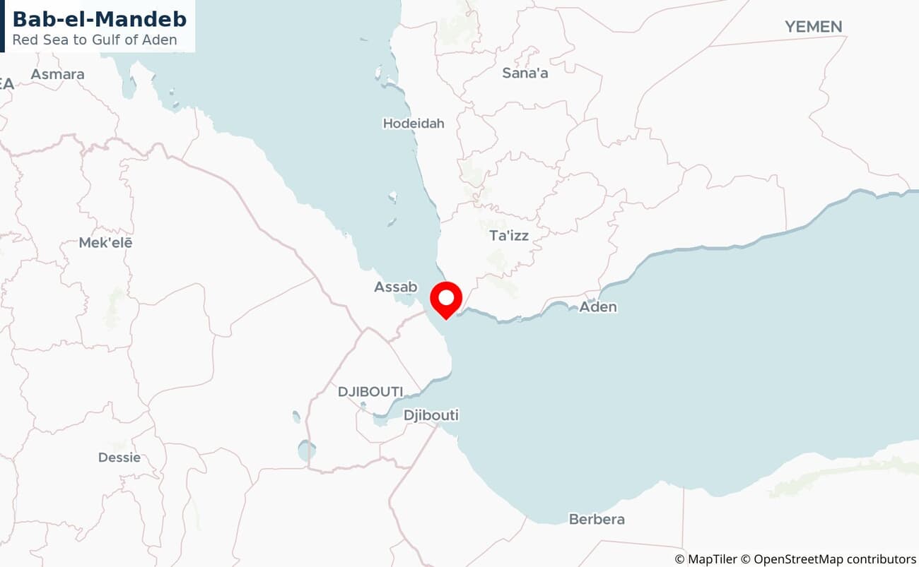 Close-up map of the Bab-el-Mandeb strait between Yemen and Djibouti