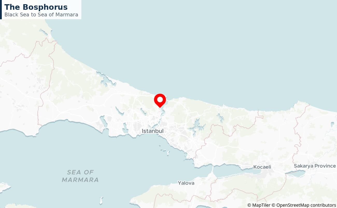 Close-up map of the Bosphorus strait through Istanbul