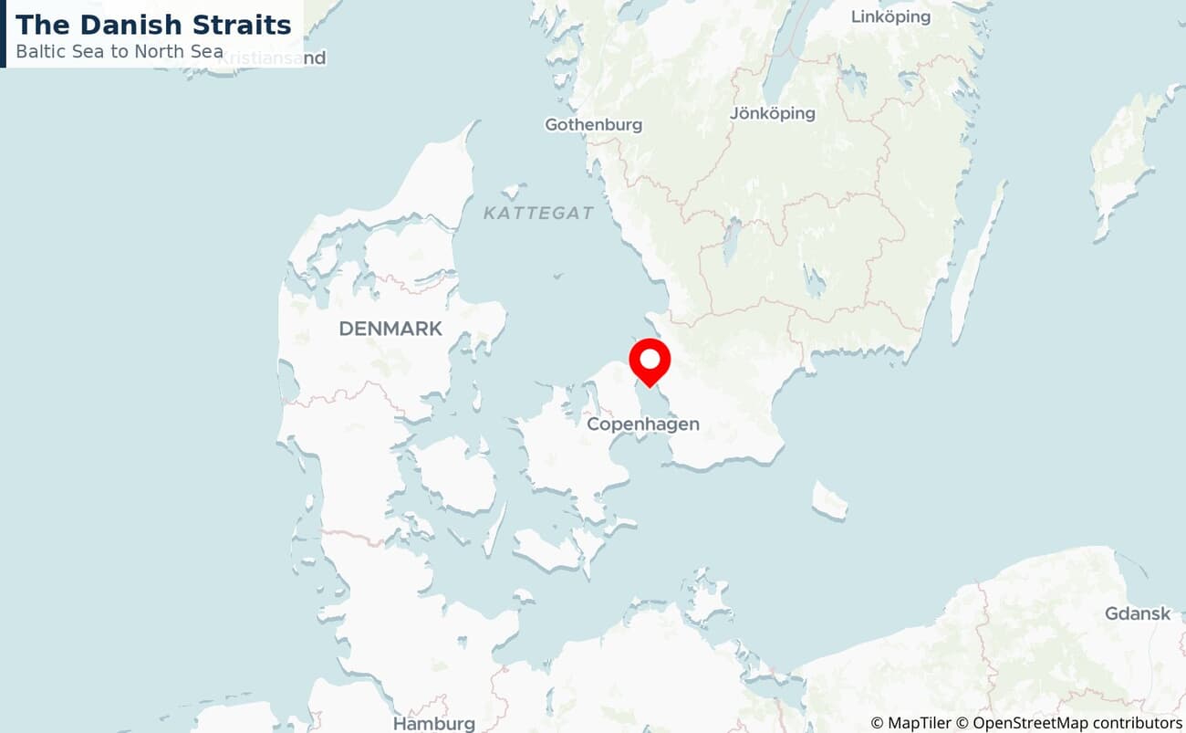 Close-up map of the Danish Straits between Denmark and Sweden