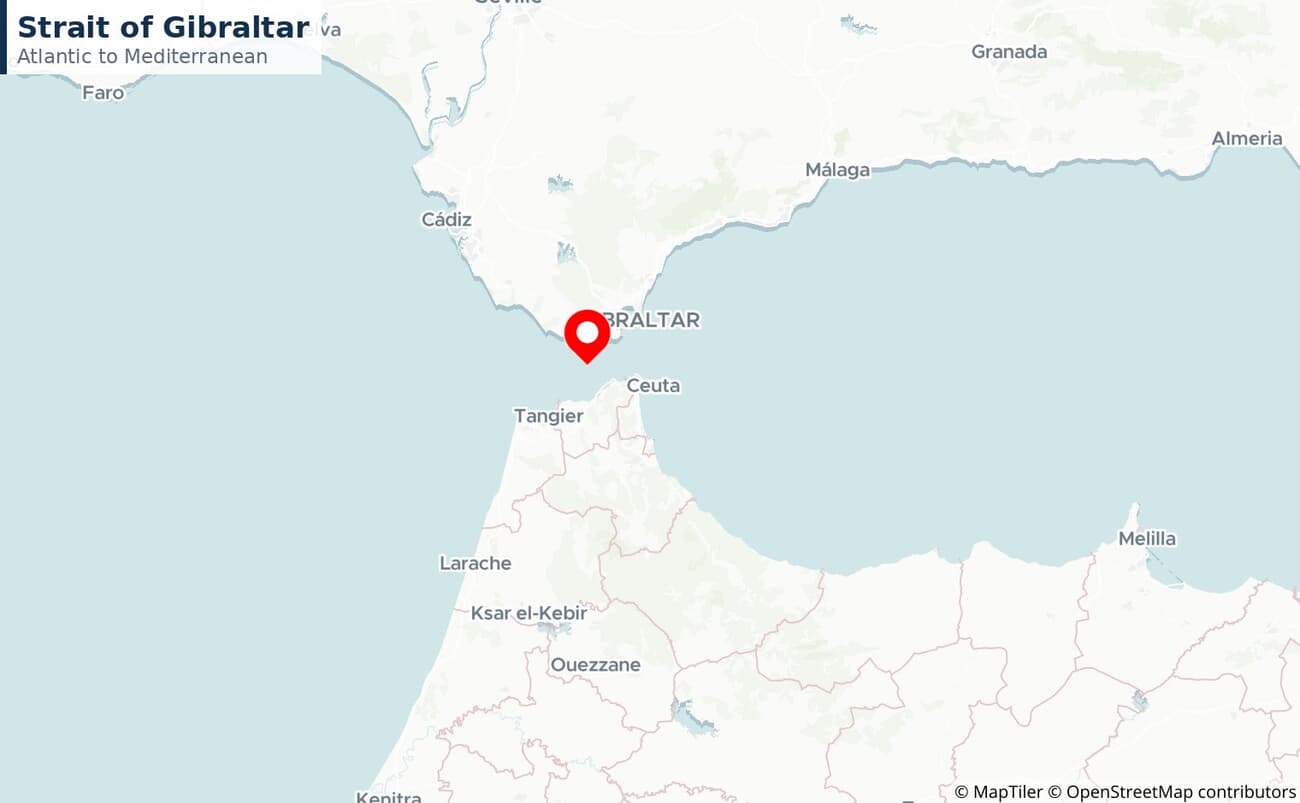 Close-up map of the Strait of Gibraltar between Spain and Morocco