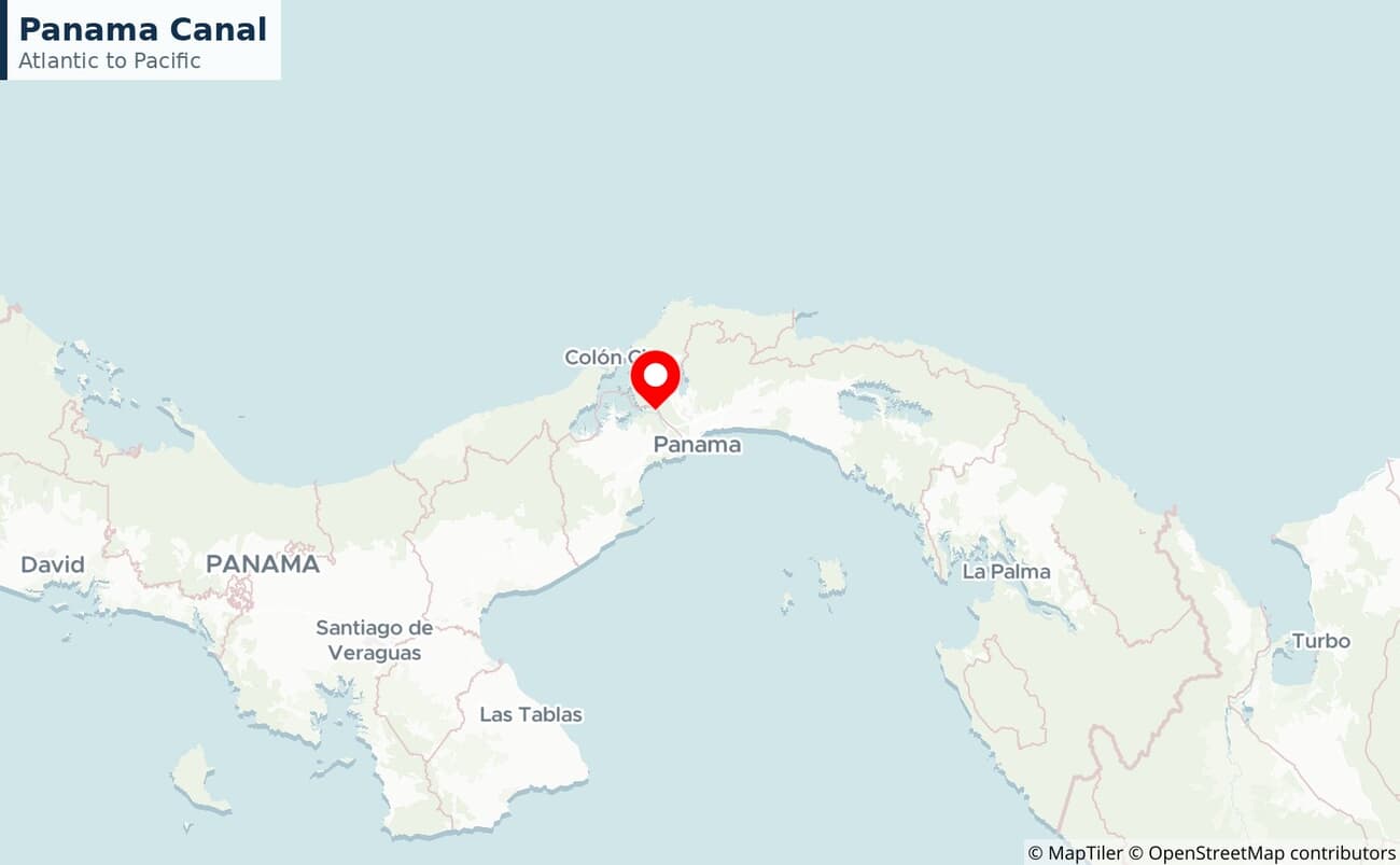 Close-up map of the Panama Canal across the isthmus of Panama