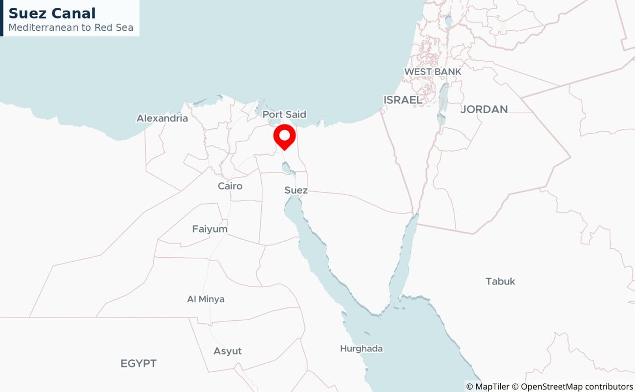 Close-up map of the Suez Canal connecting the Mediterranean and the Red Sea