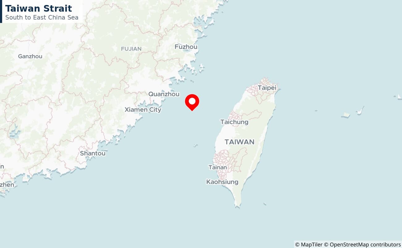 Close-up map of the Taiwan Strait between Taiwan and mainland China