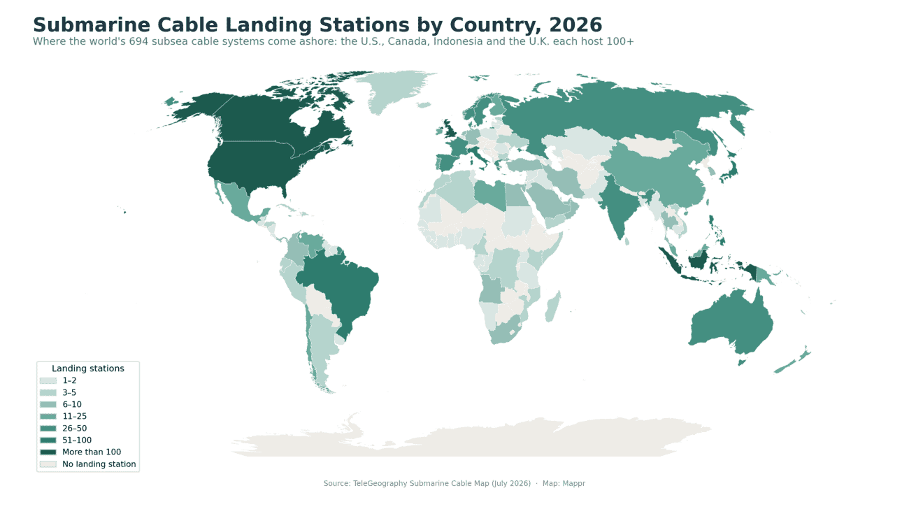 World choropleth map of submarine cable landing stations per country in 2026
