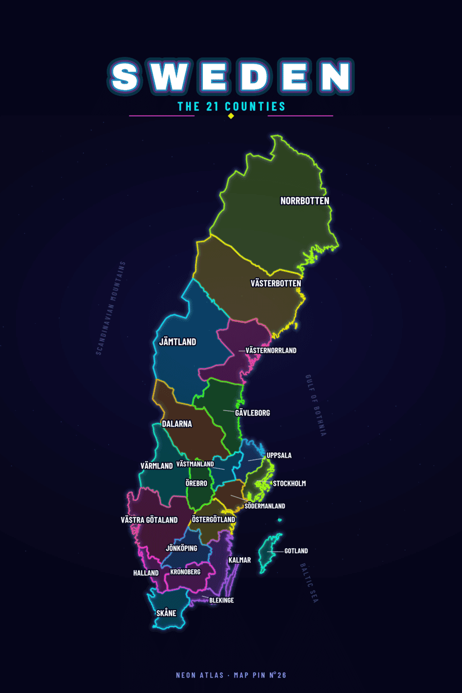 Neon map of Sweden showing its counties, with a glowing location pin