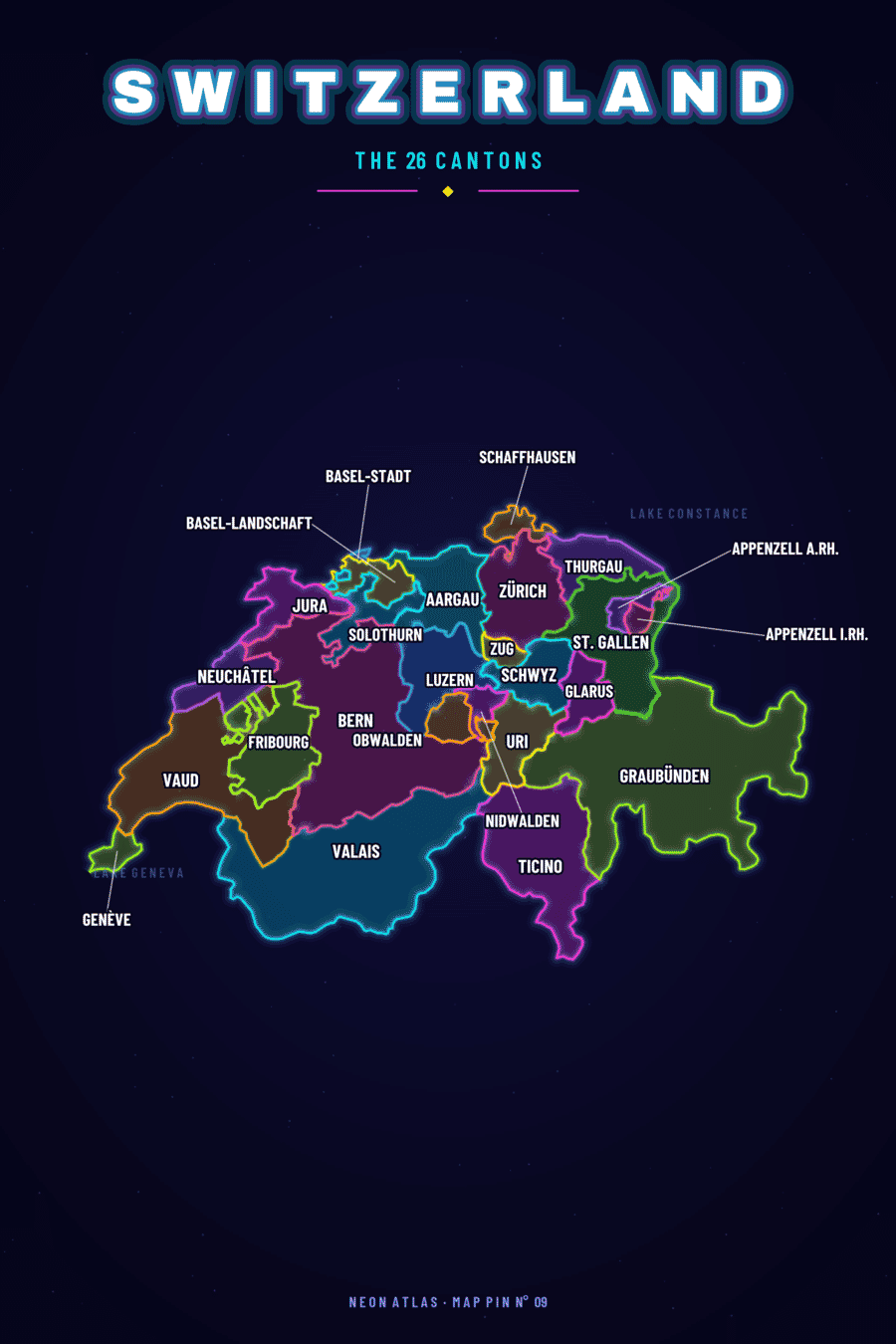 Neon map of Switzerland showing its cantons, with a glowing location pin