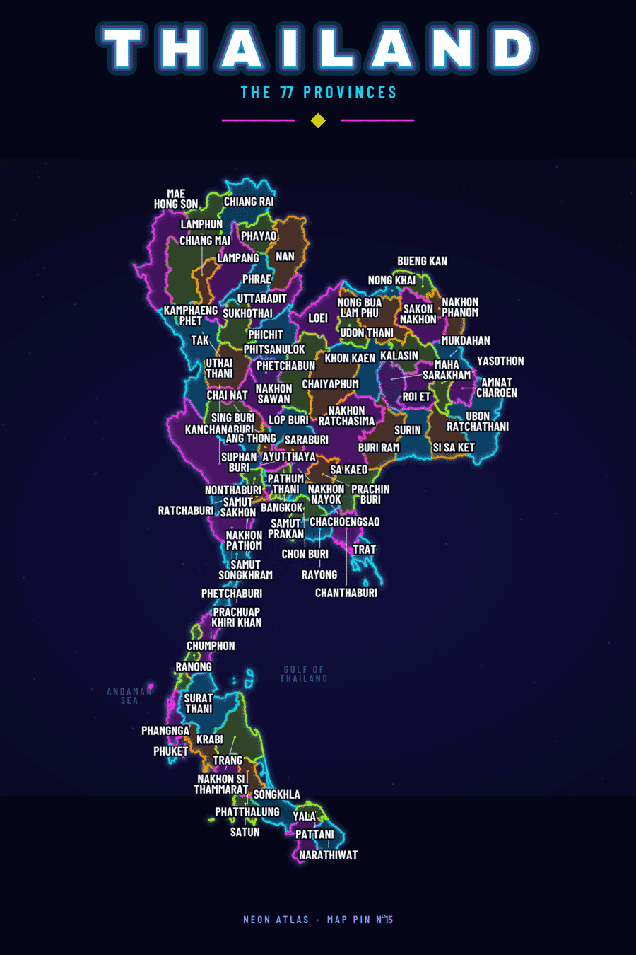 Neon map of Thailand showing its regions, with a glowing location pin