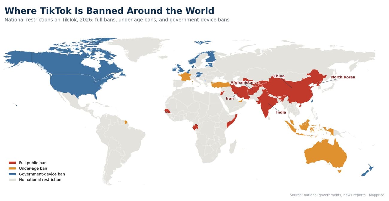 World map of national TikTok restrictions in 2026, colour-coded into full public bans, under-age bans and government-device bans
