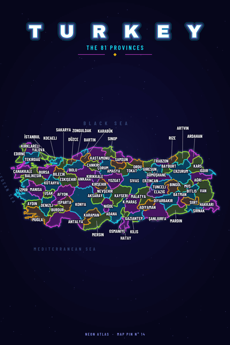 Neon map of Turkey showing its provinces, with a glowing location pin