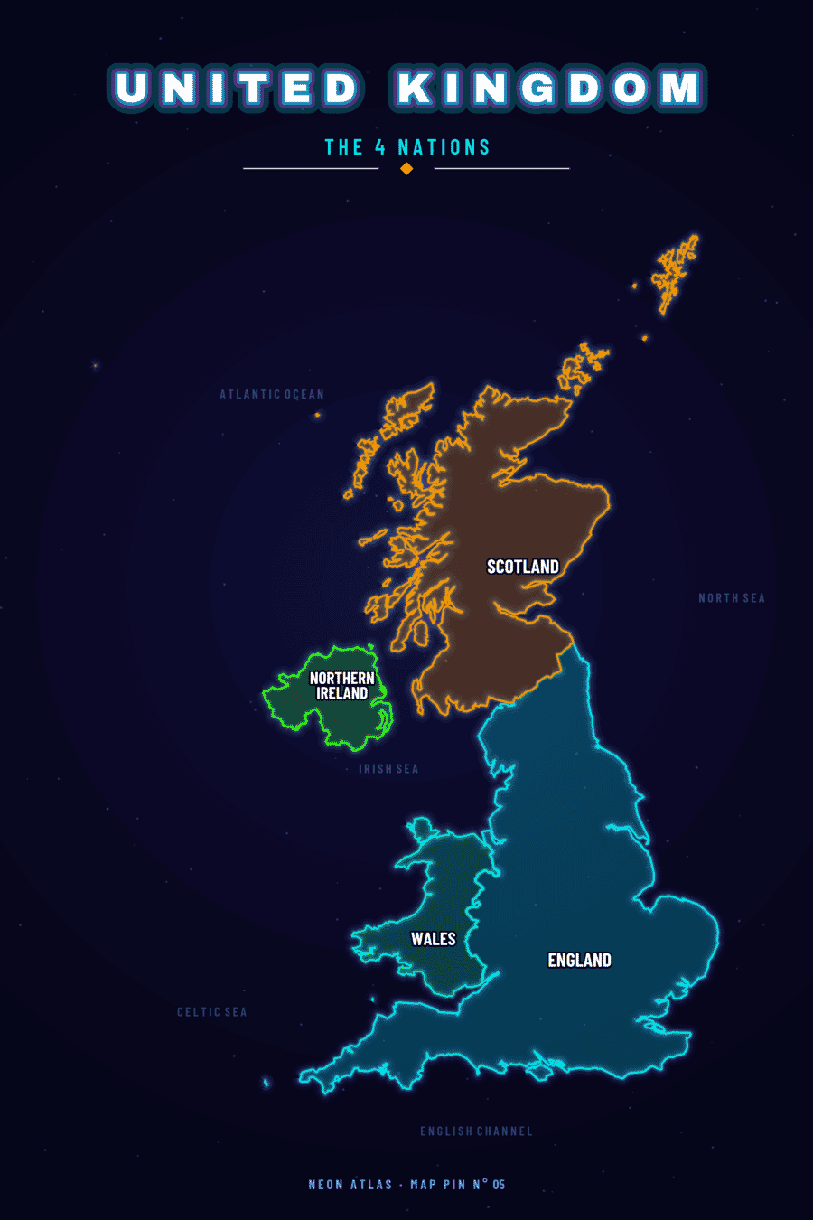Neon map of United Kingdom showing its nations, with a glowing location pin