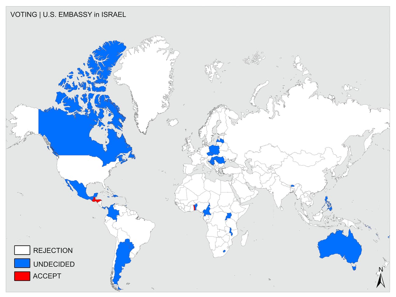 Color-coded world map of countries' positions on the 2017 US embassy relocation to Jerusalem: rejection, undecided, or acceptance