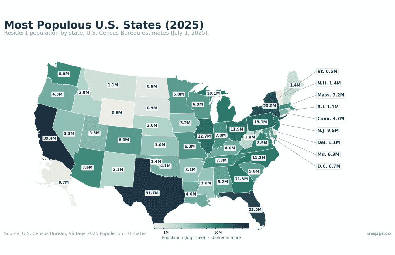 Map of the most populous US states in 2025