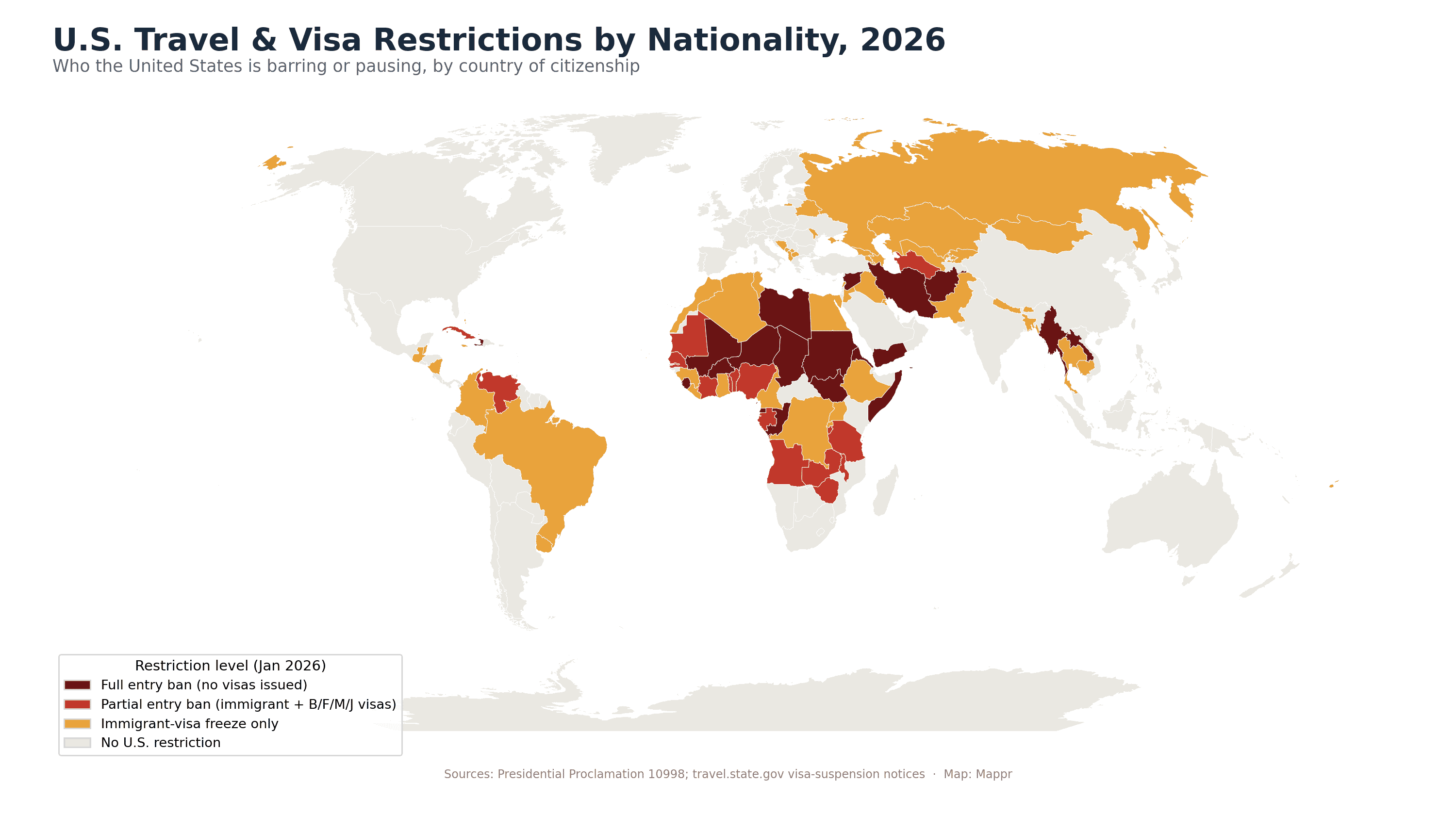 World map of U.S. travel and visa restrictions by nationality in 2026, showing full entry bans, partial bans and immigrant-visa freezes by country