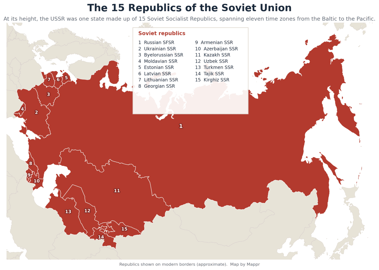 Map of the 15 republics of the Soviet Union, from the Baltic states to Central Asia