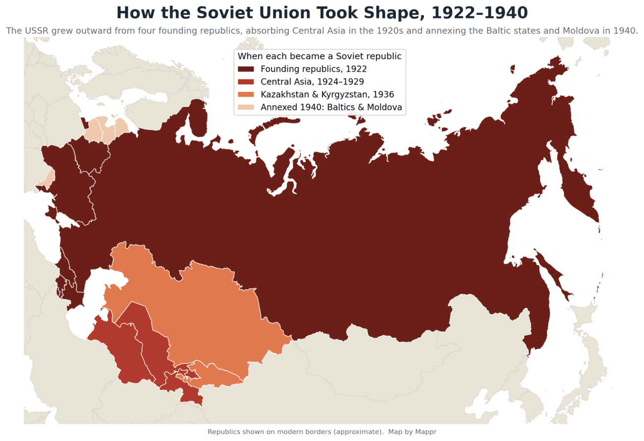 Map showing how the Soviet Union expanded between 1922 and 1940