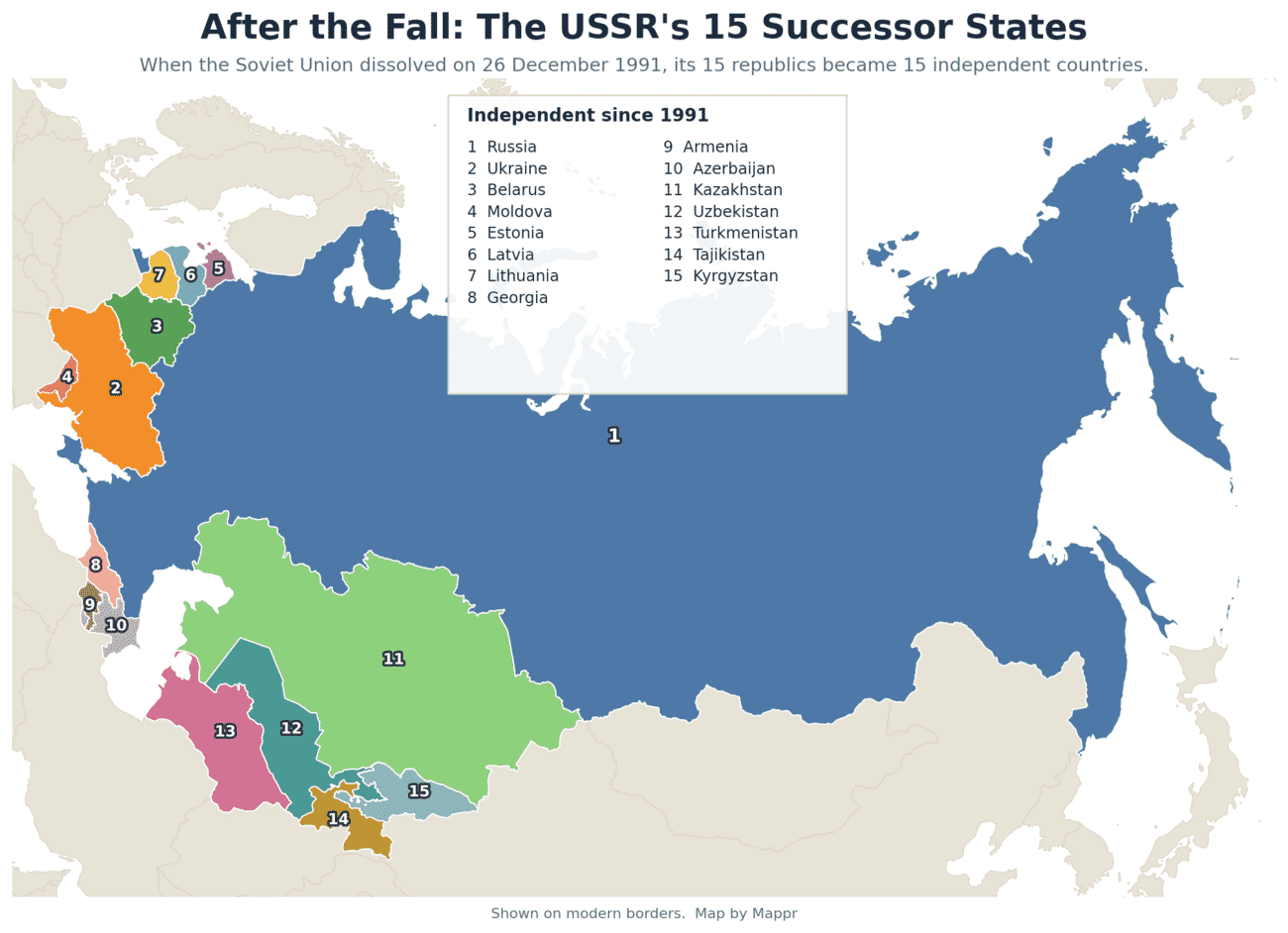 Map of the 15 independent countries that emerged from the Soviet Union in 1991