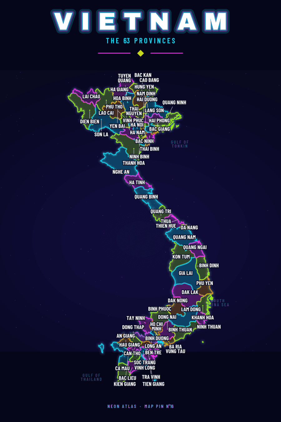 Neon map of Vietnam showing its regions, with a glowing location pin