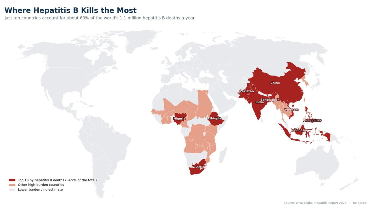 World map of hepatitis B deaths by country, highlighting the ten countries with the highest burden