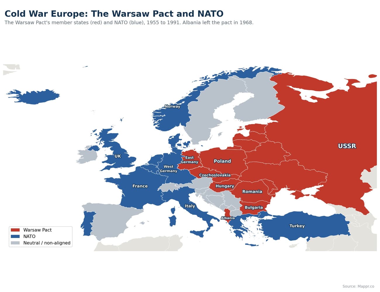 Map of Cold War Europe showing the Warsaw Pact member states in red and NATO members in blue, with neutral countries in grey