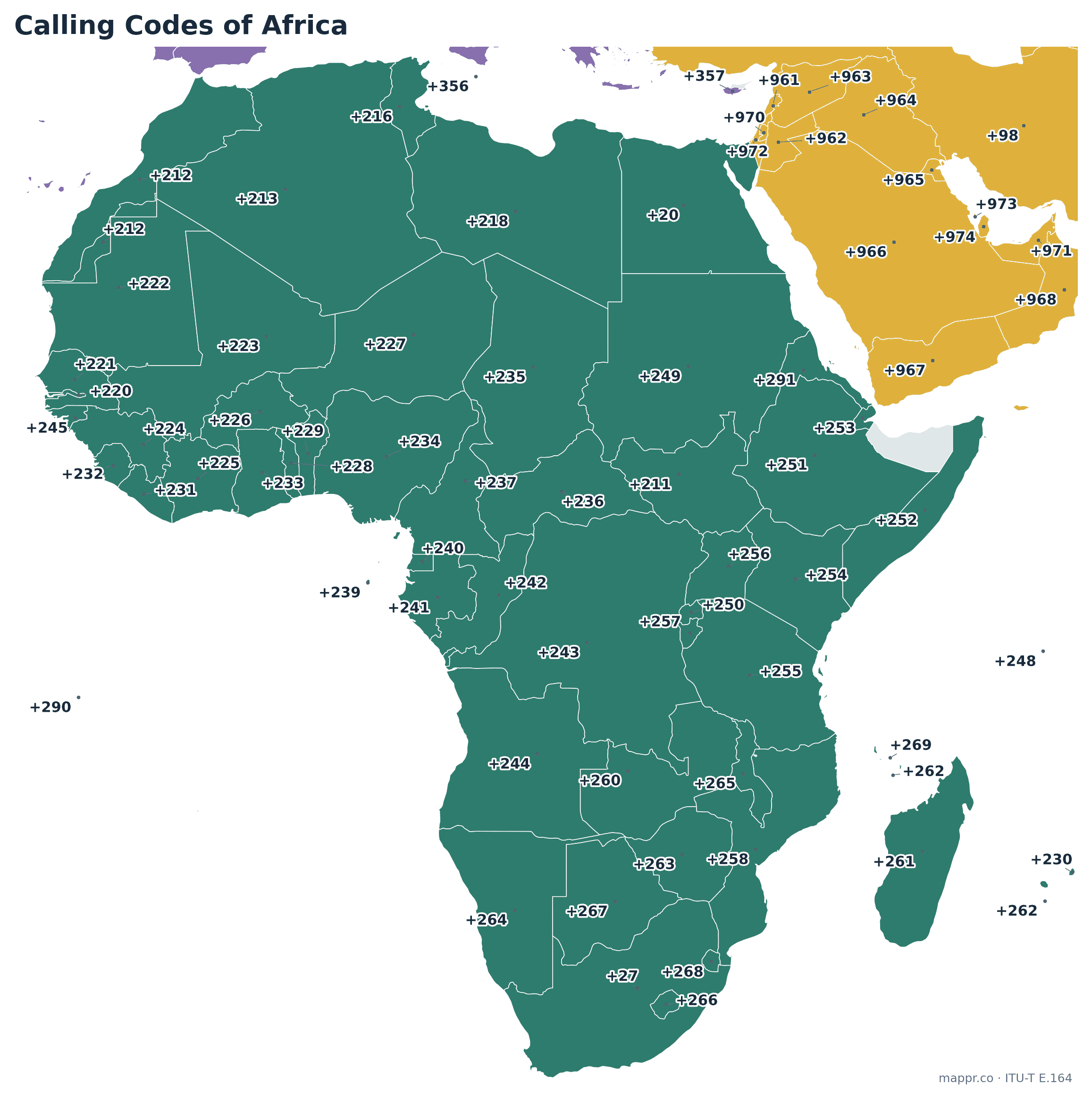 Map of every African country's calling code, almost all in the +2 zone