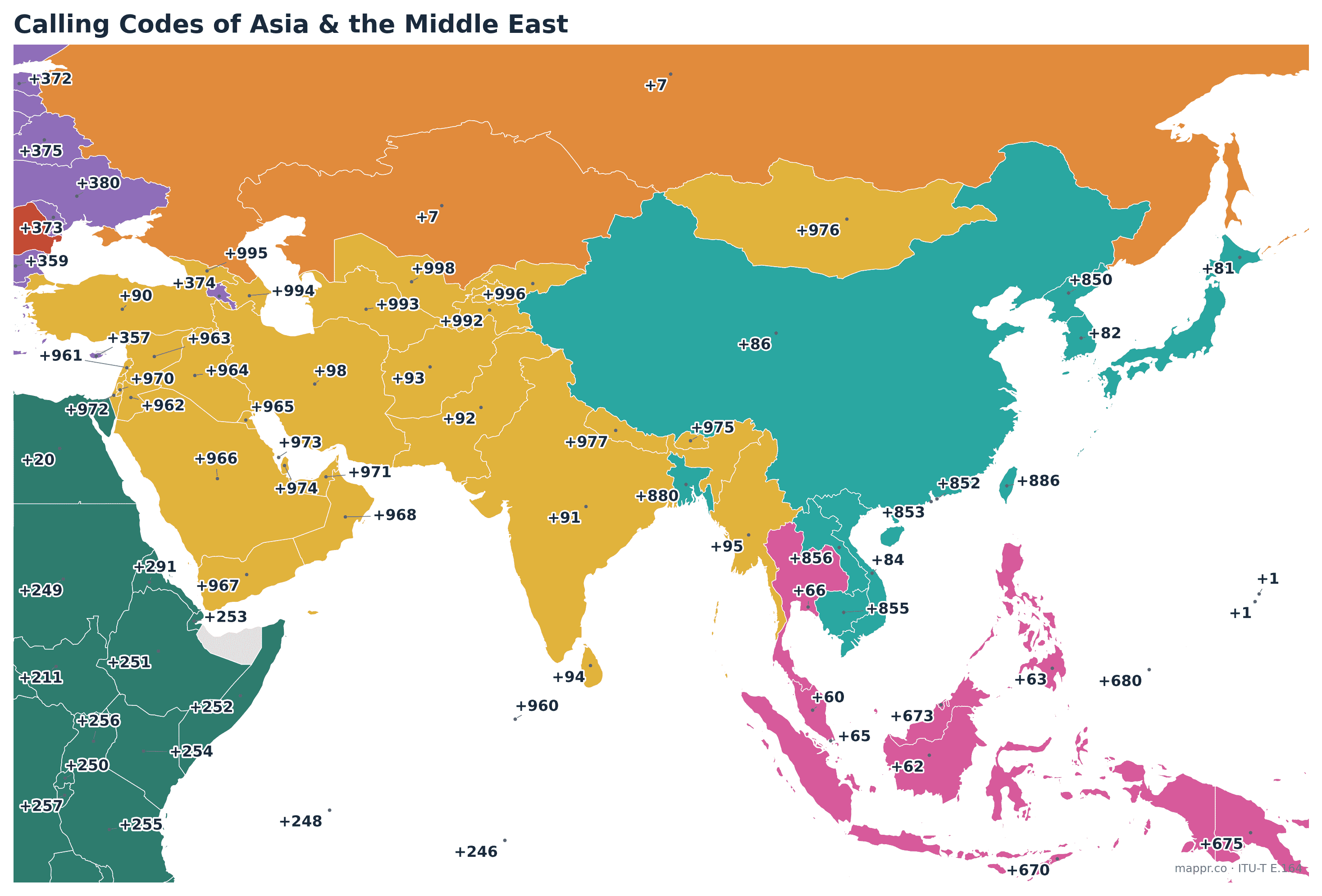 Map of calling codes across Asia and the Middle East, spanning four ITU zones