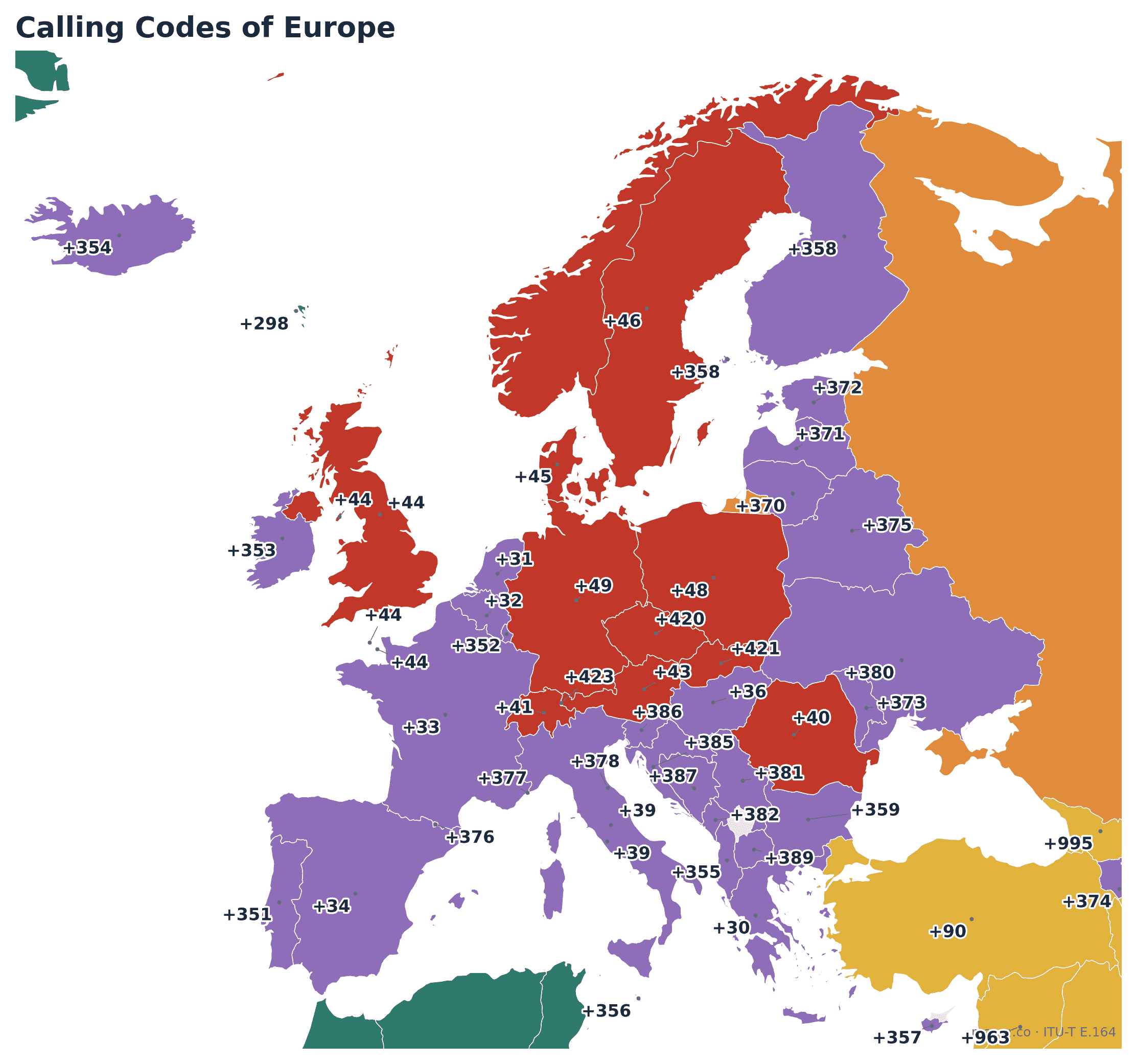 World map of every European country's calling code, colored by ITU zone
