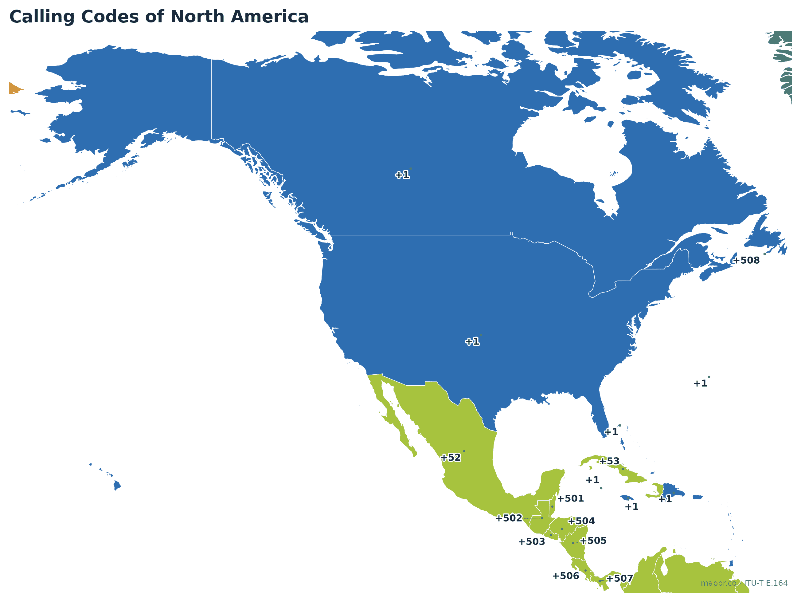 Map of North American calling codes, with the US and Canada on +1 and Central America on +50x